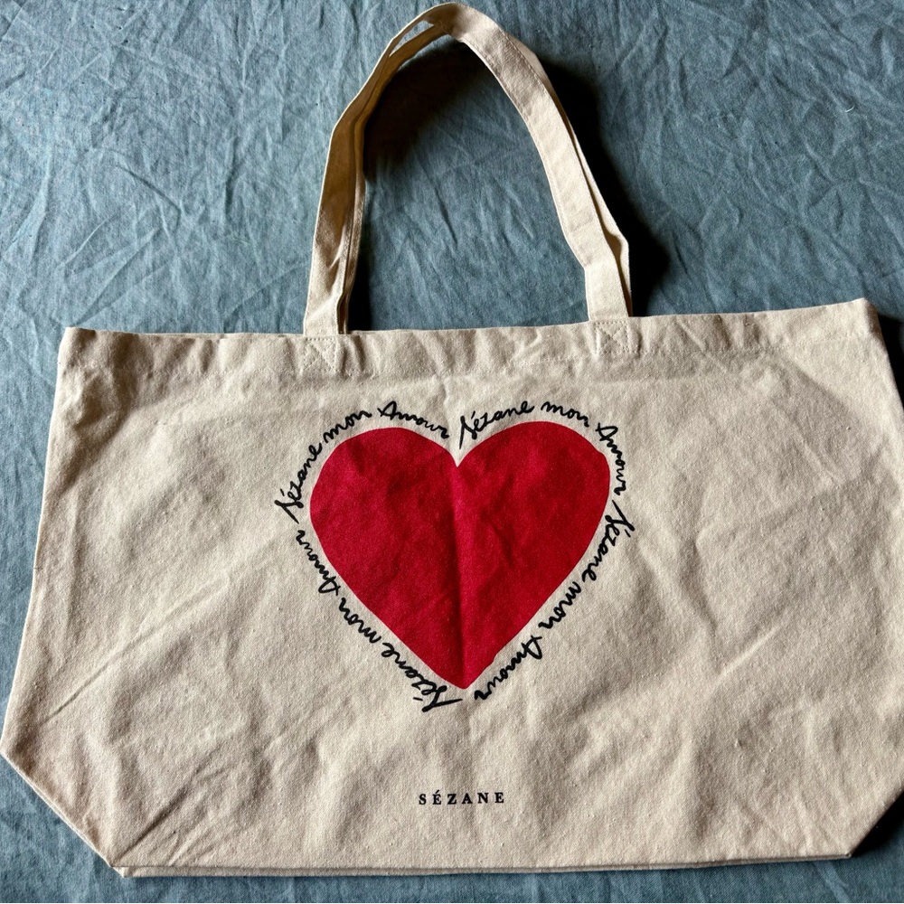 Sézane Red Heart Mon Amour Canvas Tote Bag